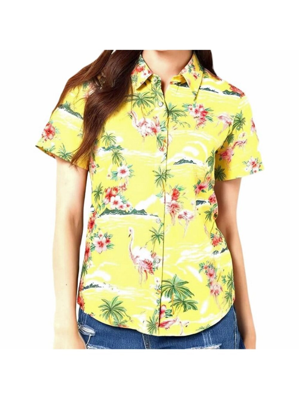 Women's Hawaiian Shirt Yellow Flamingo Tropical Short Sleeve 4XL